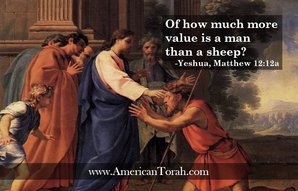  And a man was there with a withered hand. And they asked him, “Is it lawful to heal on the Sabbath?”—so that they might accuse him. 11 He said to them, “Which one of you who has a sheep, if it falls into a pit on the Sabbath, will not take hold of it and lift it out? 12 Of how much more value is a man than a sheep! So it is lawful to do good on the Sabbath.” 13 Then he said to the man, “Stretch out your hand.” And the man stretched it out, and it was restored, healthy like the other.