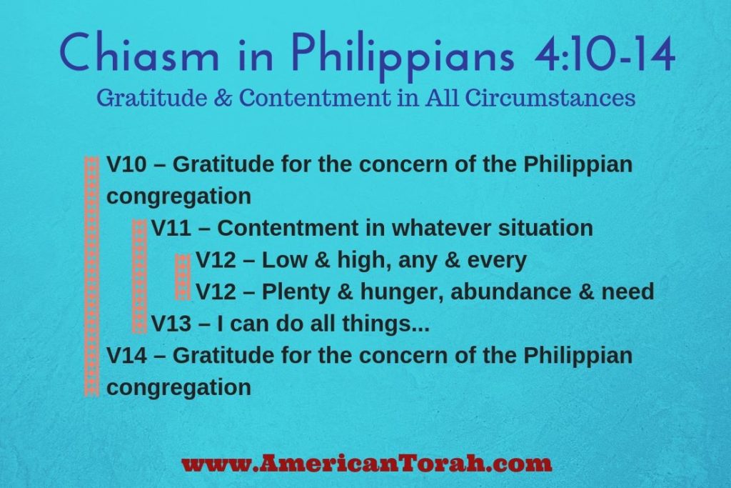 A chiasm in Philippians 4:10-14 illustrating Paul's intent in "I can do all things through him who strengthens me." Let Scripture interpret Scripture.