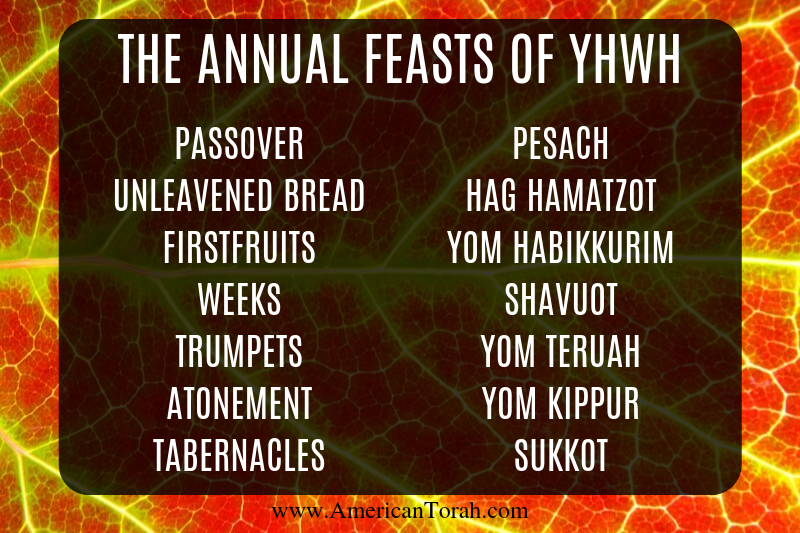 The seven annual appointed times/feasts of God in English and Hebrew.