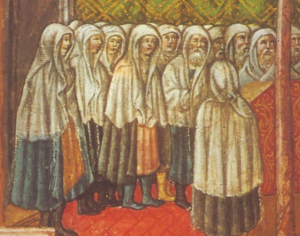 An image from the Codex Rossianus, dated 1453, showing men and women both wearing tzitzit.
